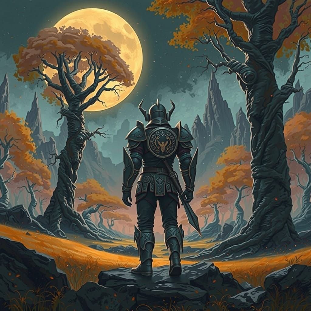 Armoured Warrior Embarks into Dreamlike Landscape with Ancie...