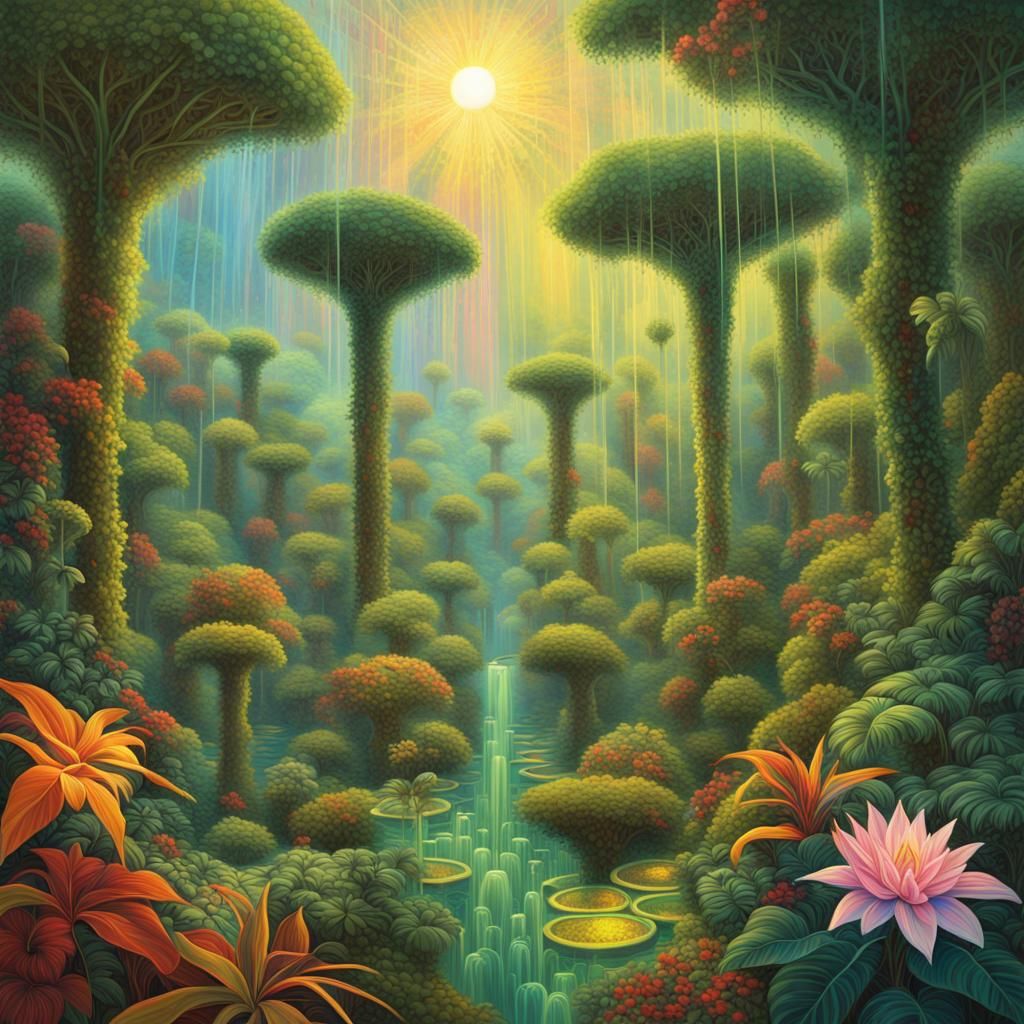 Surreal Amazon Rainforest Landscape in Acrylic Art Style