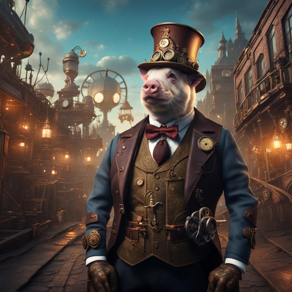 Steampunk Pig-Man in Bolo Hat, Detailed Matte Painting