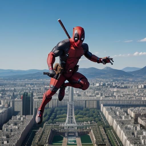 Deadpool at the Olympics jumping off the eifel tower