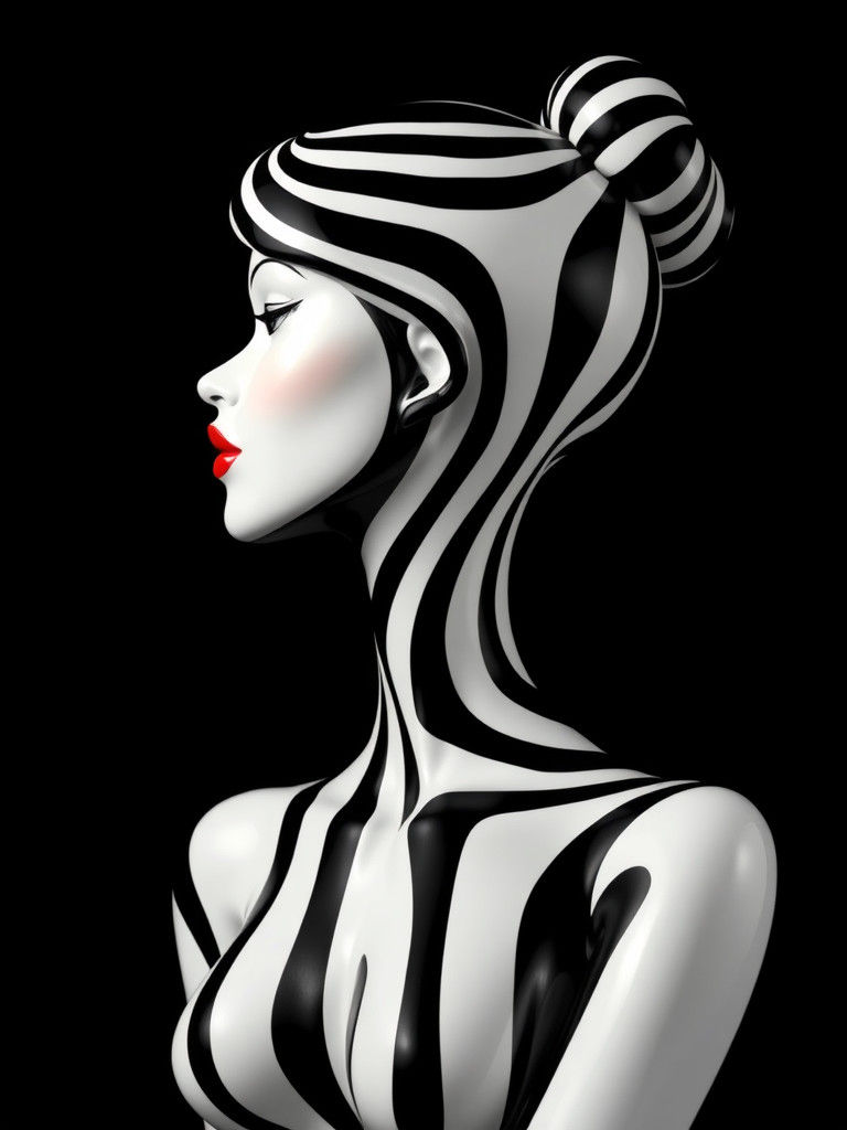 Monochrome Striped Sculpture of Woman in Op Art Style