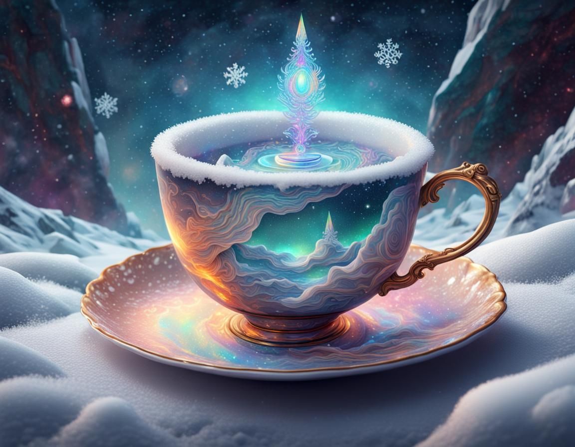 Snowy Teacup: Holographic Cosmic Illustration