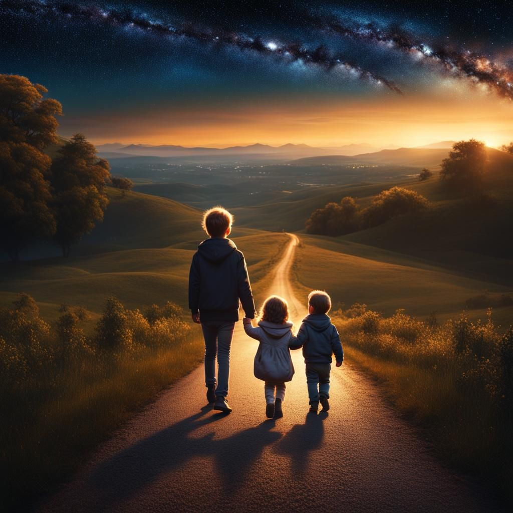 Toddlers Walking on Starry Road: Digital Matte Painting