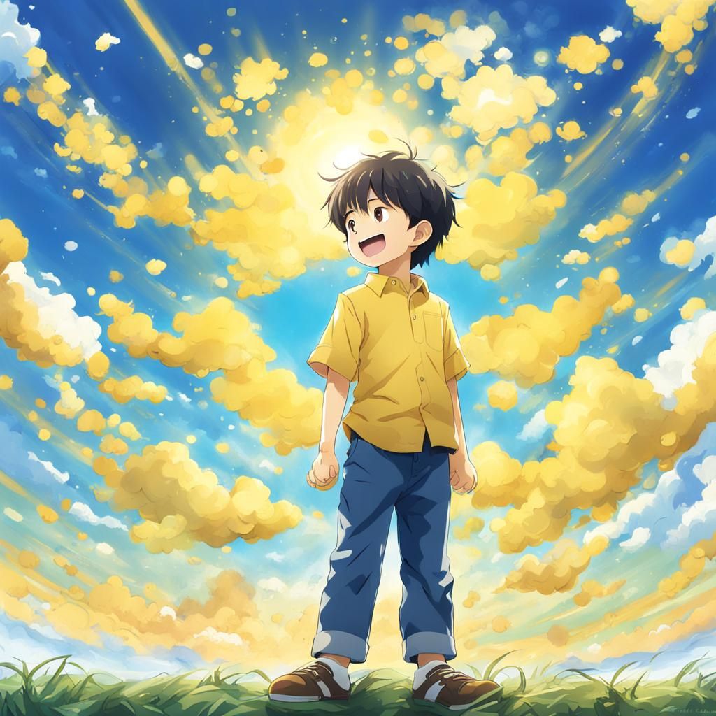 Smiling Boy Gazing Skyward in Anime Style