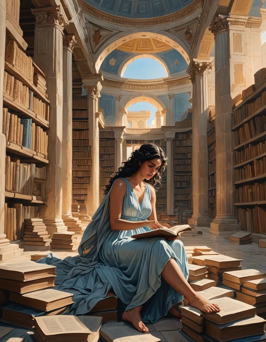 Ancient Greek Woman Reading in Library at Golden Hour