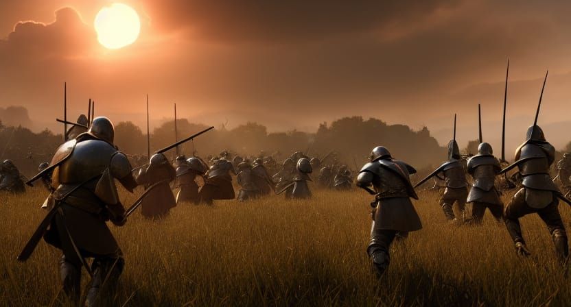Epic Battlefield Scene with Soldiers and Trebuchets