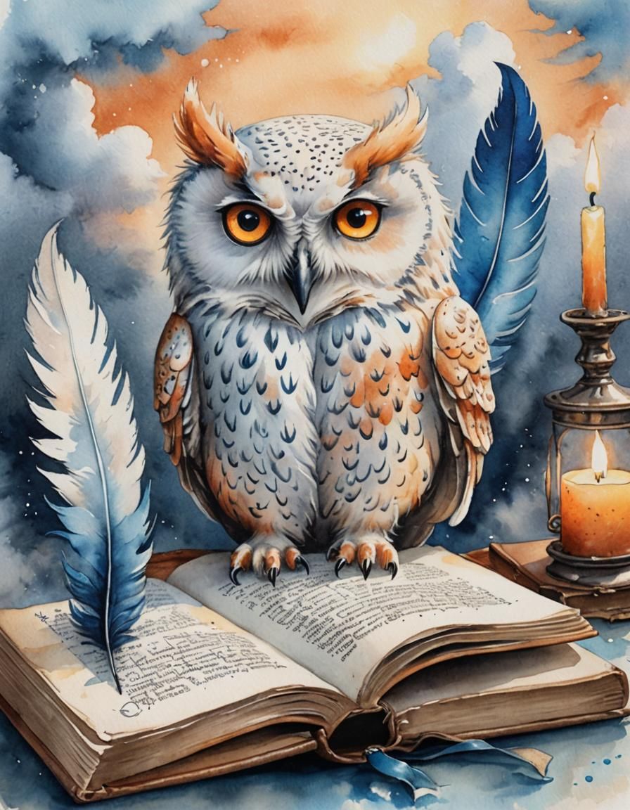 Majestic Owl Guarding Ancient Book in Watercolor Style