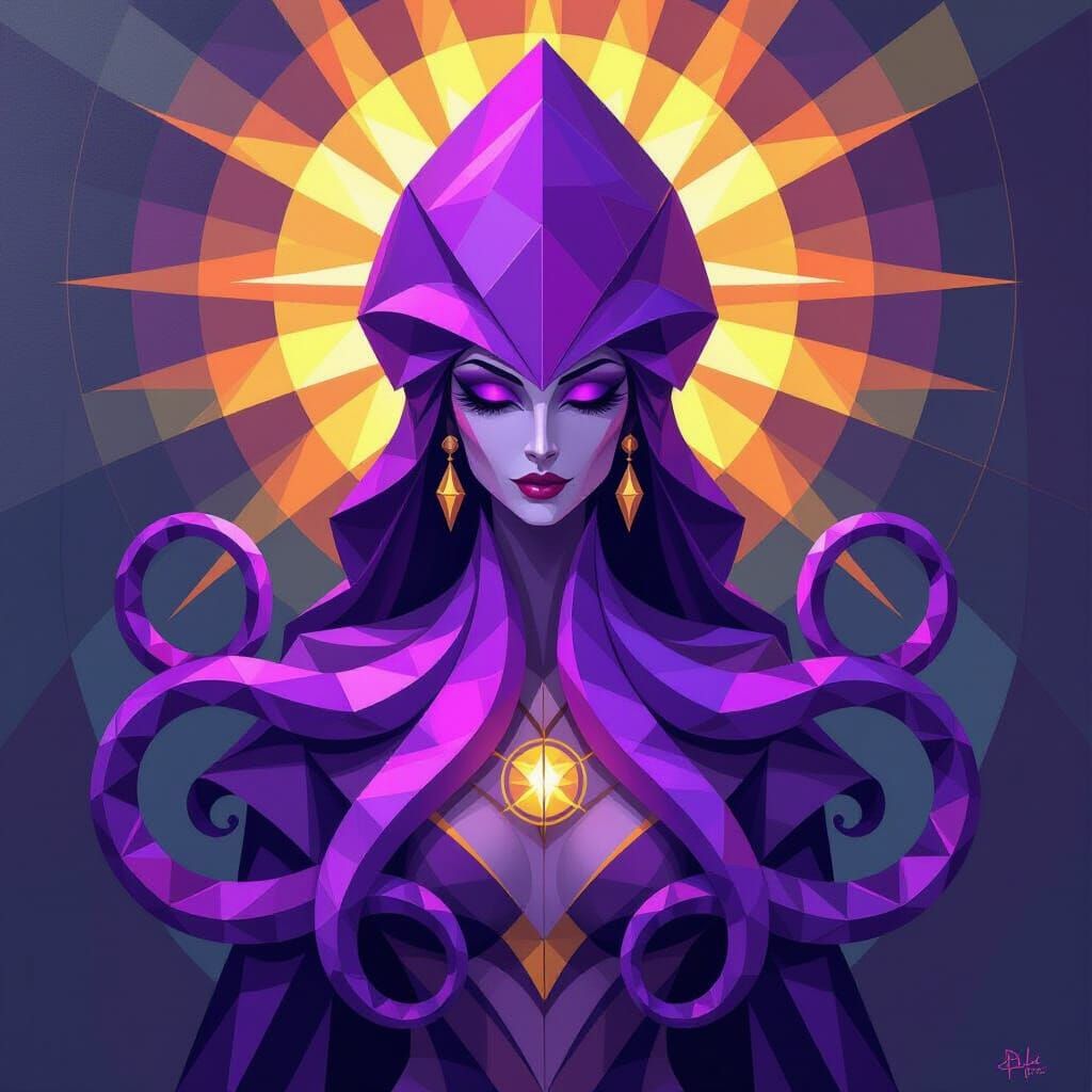 Purple Squid Goddess in Cubist Art Deco Style