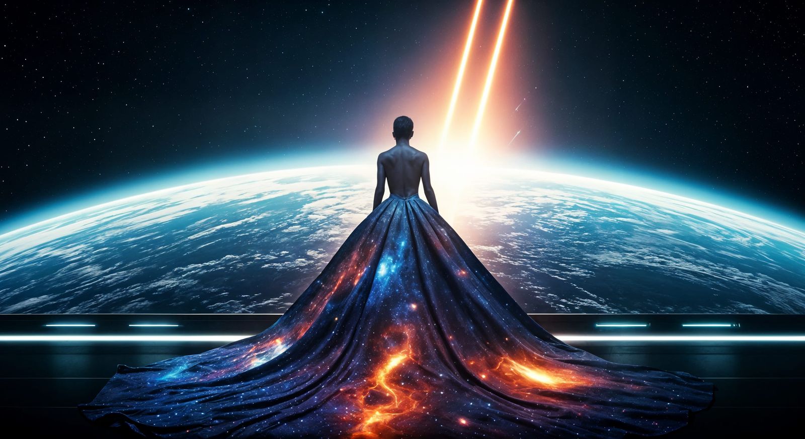 Nebula Gown on Space Station in Hyperrealistic Style