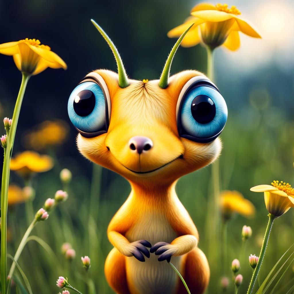 Vibrant Quirky Creature with Oversized Eyes in Meadow