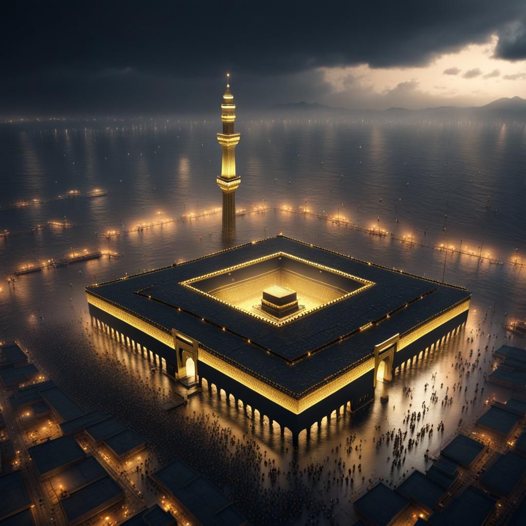 Hyperrealistic Aerial View of The Kaaba at Night