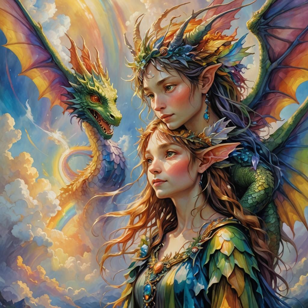 Fairy and Dragon Gaze at Rainbow, Oil Painting