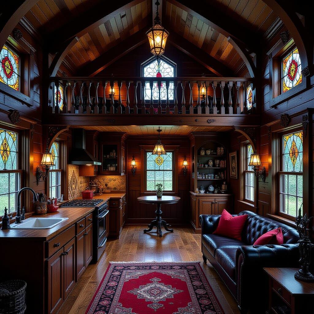 Gothic Halloween Tiny House Interior with Loft Bedroom
