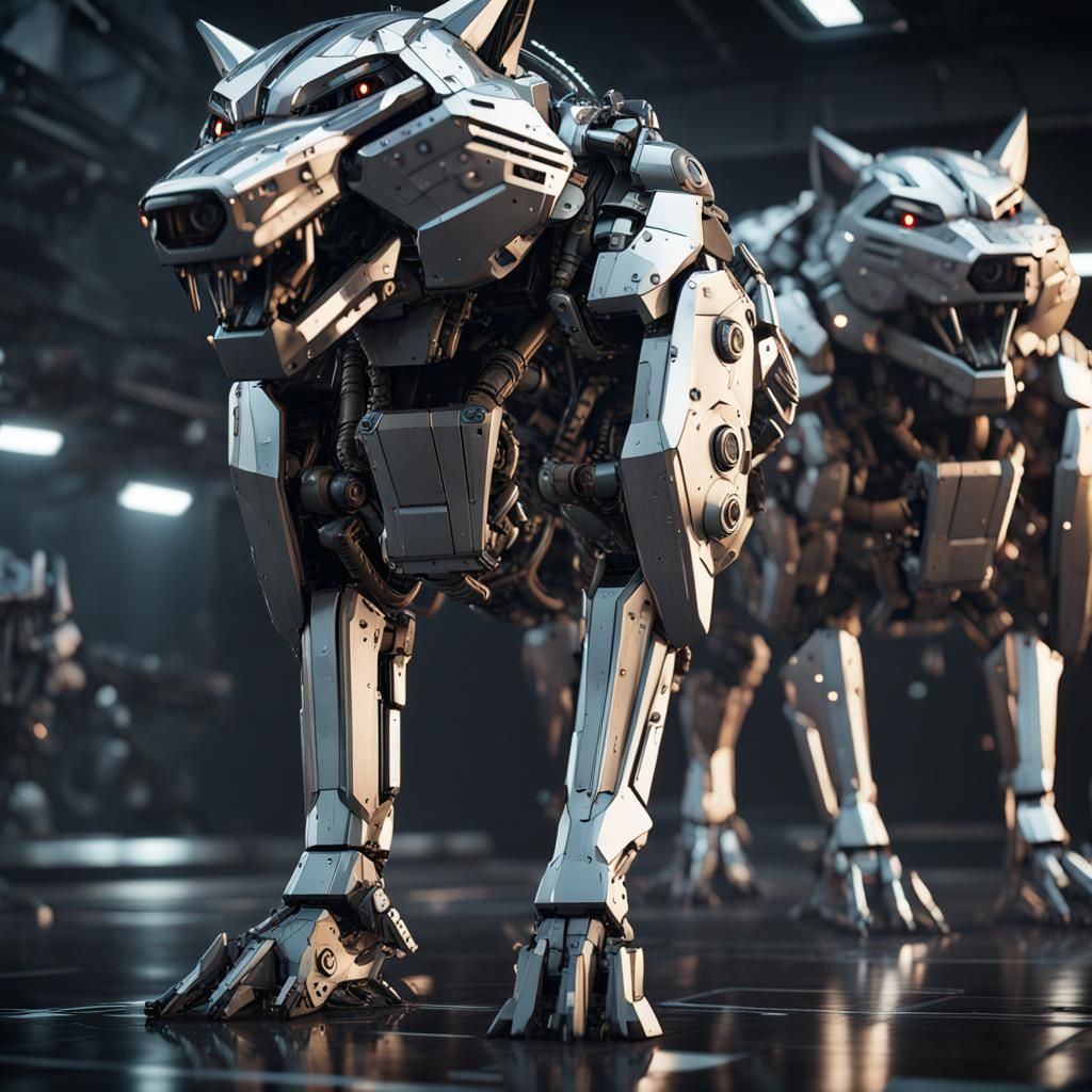 Futuristic Robotic Wolves in Sci-Fi Landscape