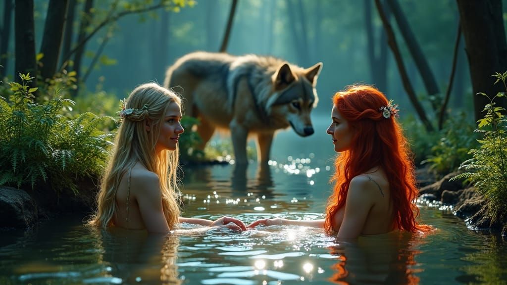 Moonlit Elven Bathing Scene in Enchanted Forest