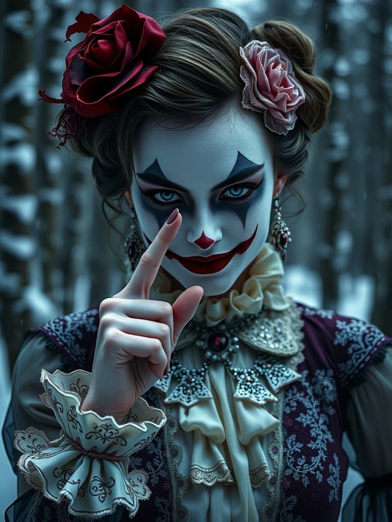 Harlequin Woman's Sinister Smile in Winter Forest