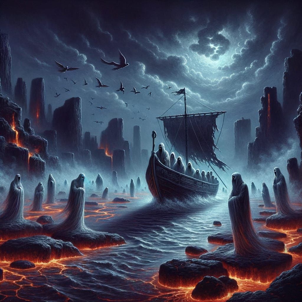 Charon's infernal ship navigating on river Acheron, on a riv...