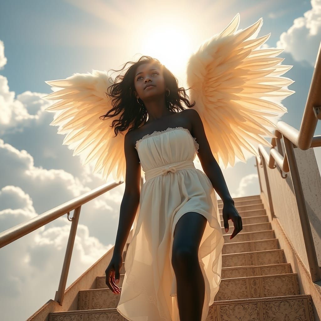 Neon-Eyed Angel Descends to Cloudy Heaven