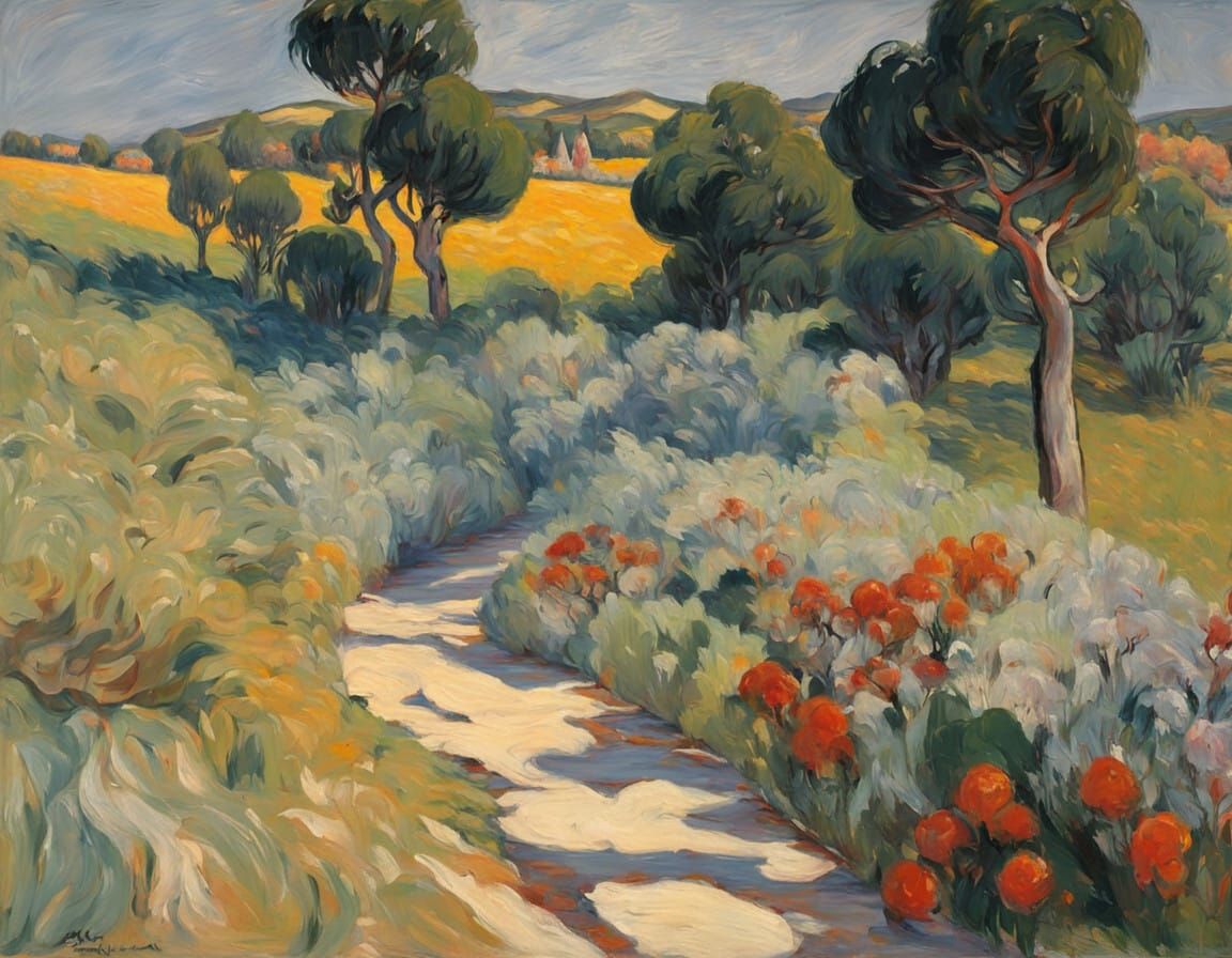 Impressionist style winter landscape with figures