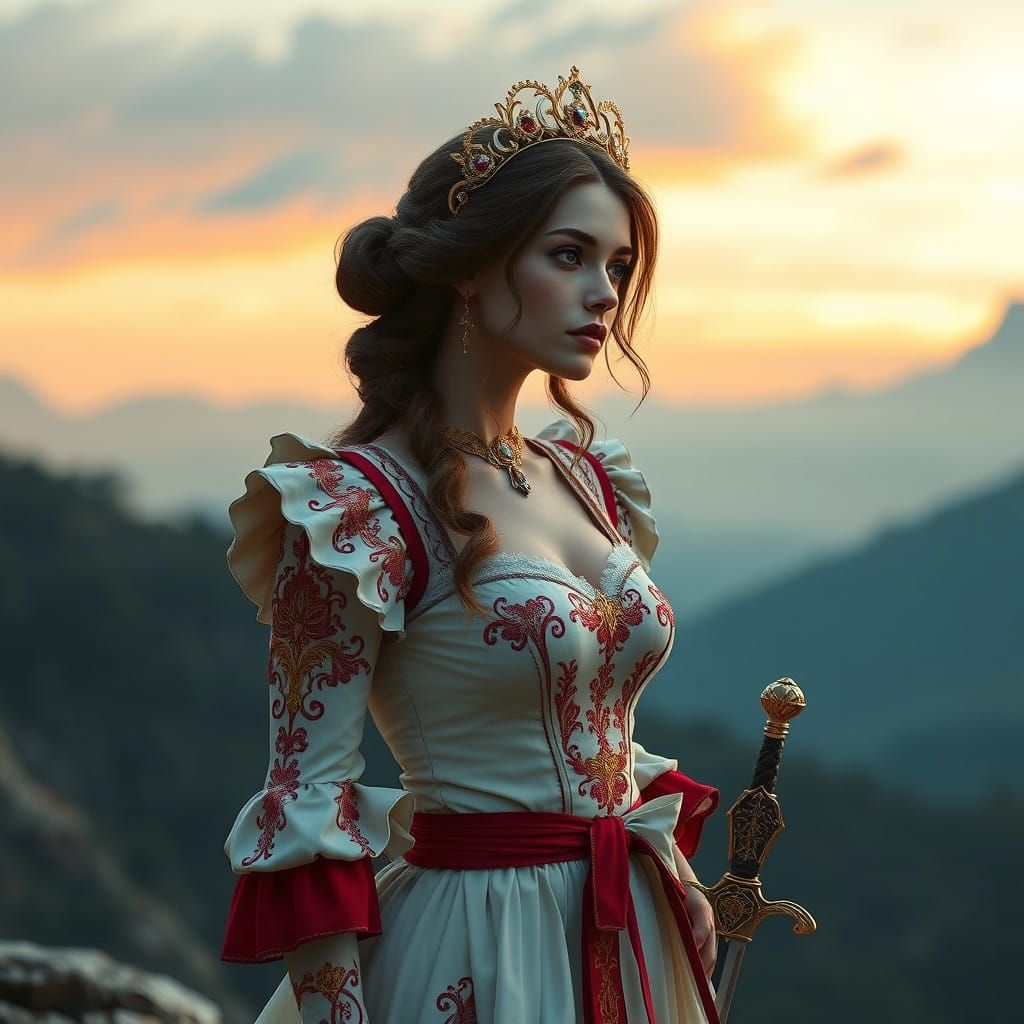 Sword-Wielding Fantasy Maid Stands Amidst Vibrant Horizon