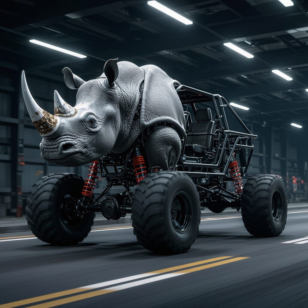 Biomechanical Rhino-Truck Creature in Industrial Hangar
