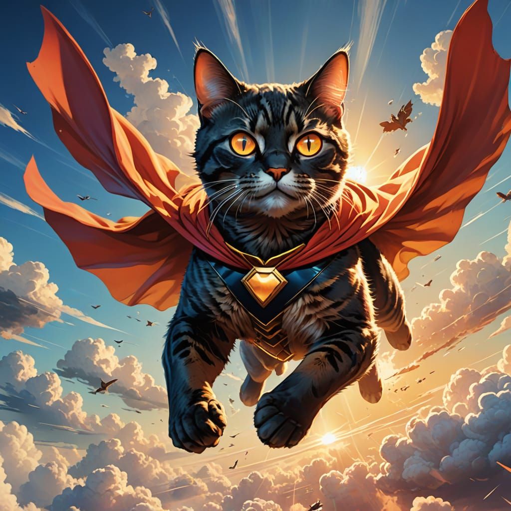 Action-Packed Super Cat Flying, Vibrant Digital Art