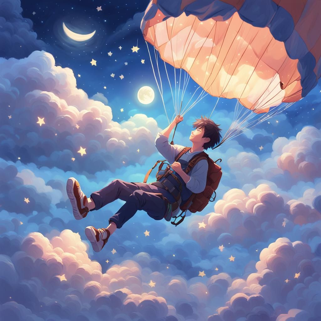 Relaxed Man Parachuting in Dreamlike Anime Style