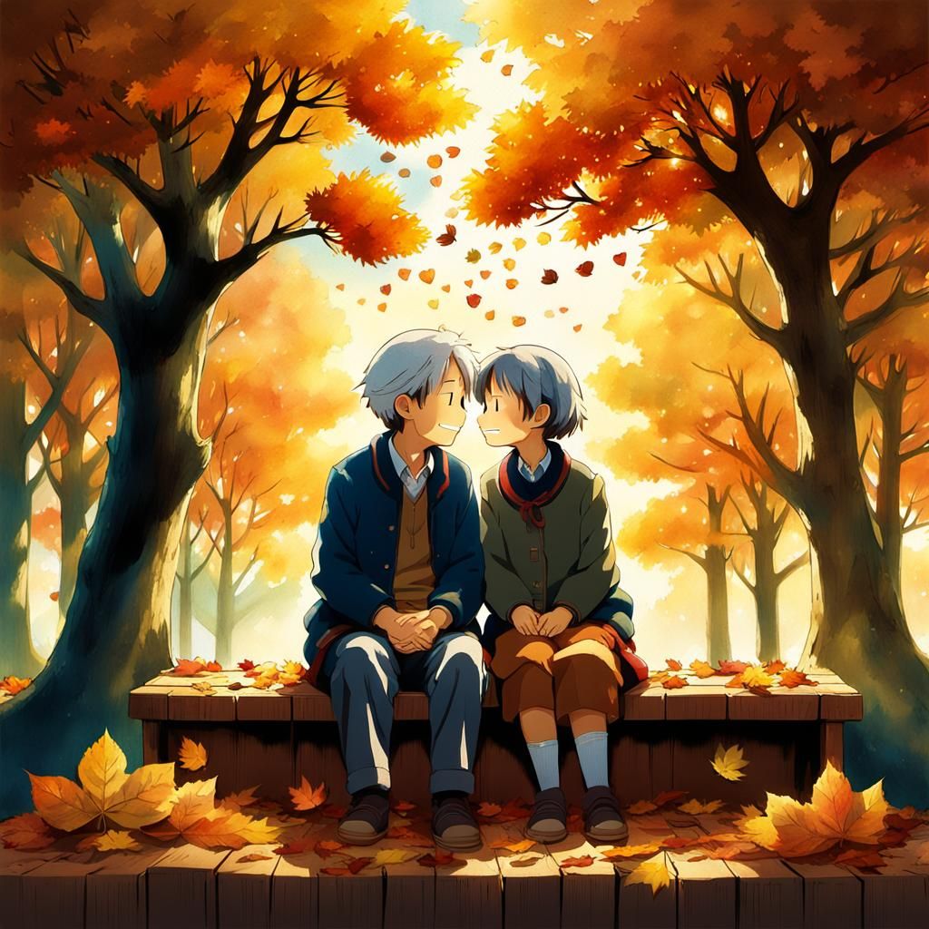 Heartwarming Anime Autumn Scene of Elderly Couple