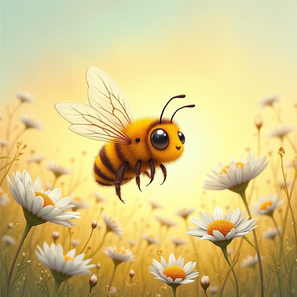 Whimsical Bee Takes Flight in Vibrant Sunrise Landscape