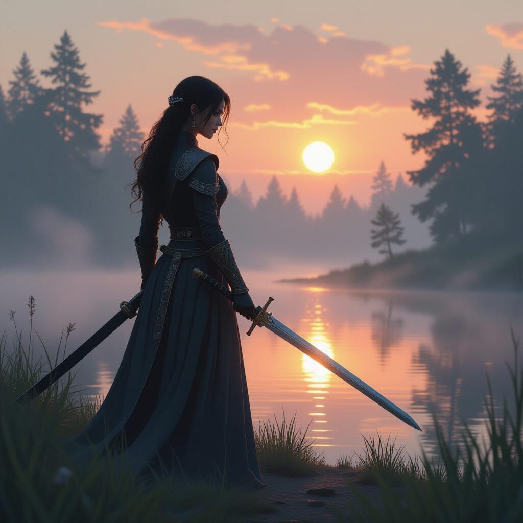 Woman with Sword in Dawn Light: Digital Art