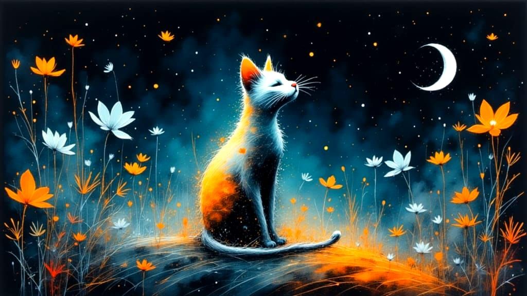 Whimsical Stardust Cat in Ethereal Floral Landscape