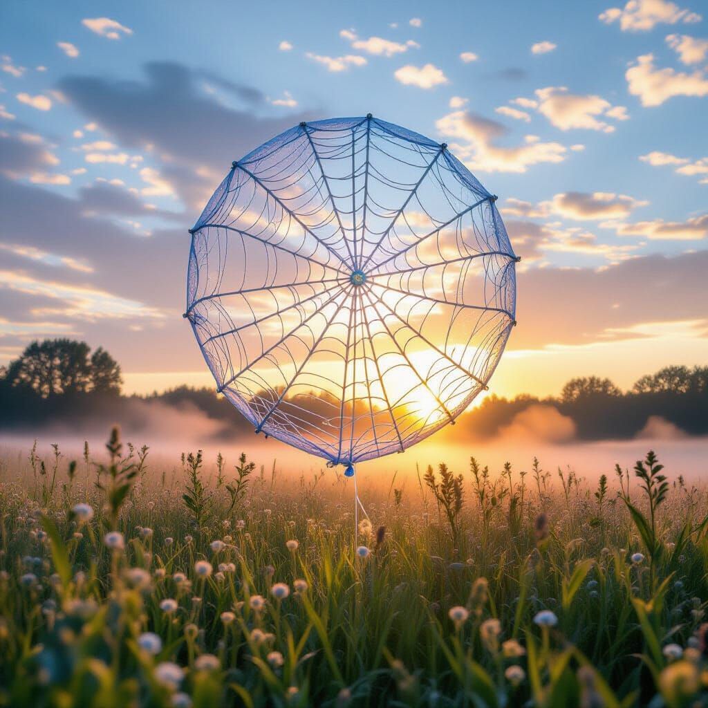 Giant Spiderweb Balloon Over Misty Meadow