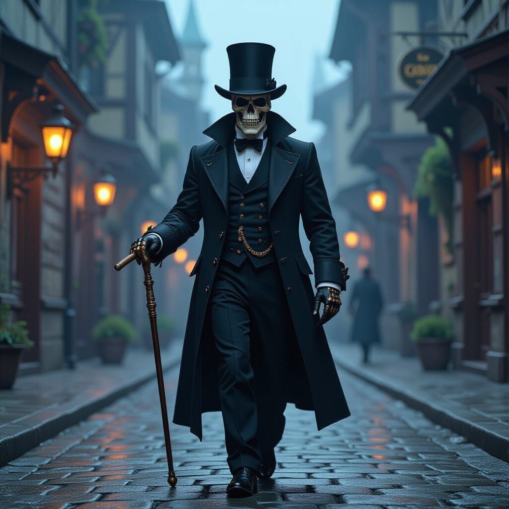 Skeletal Gangster in Foggy Medieval Street, Dark Fantasy
