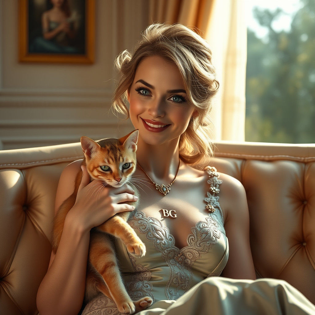 Elegant Saudi Woman in Luxurious Hall with Kitten
