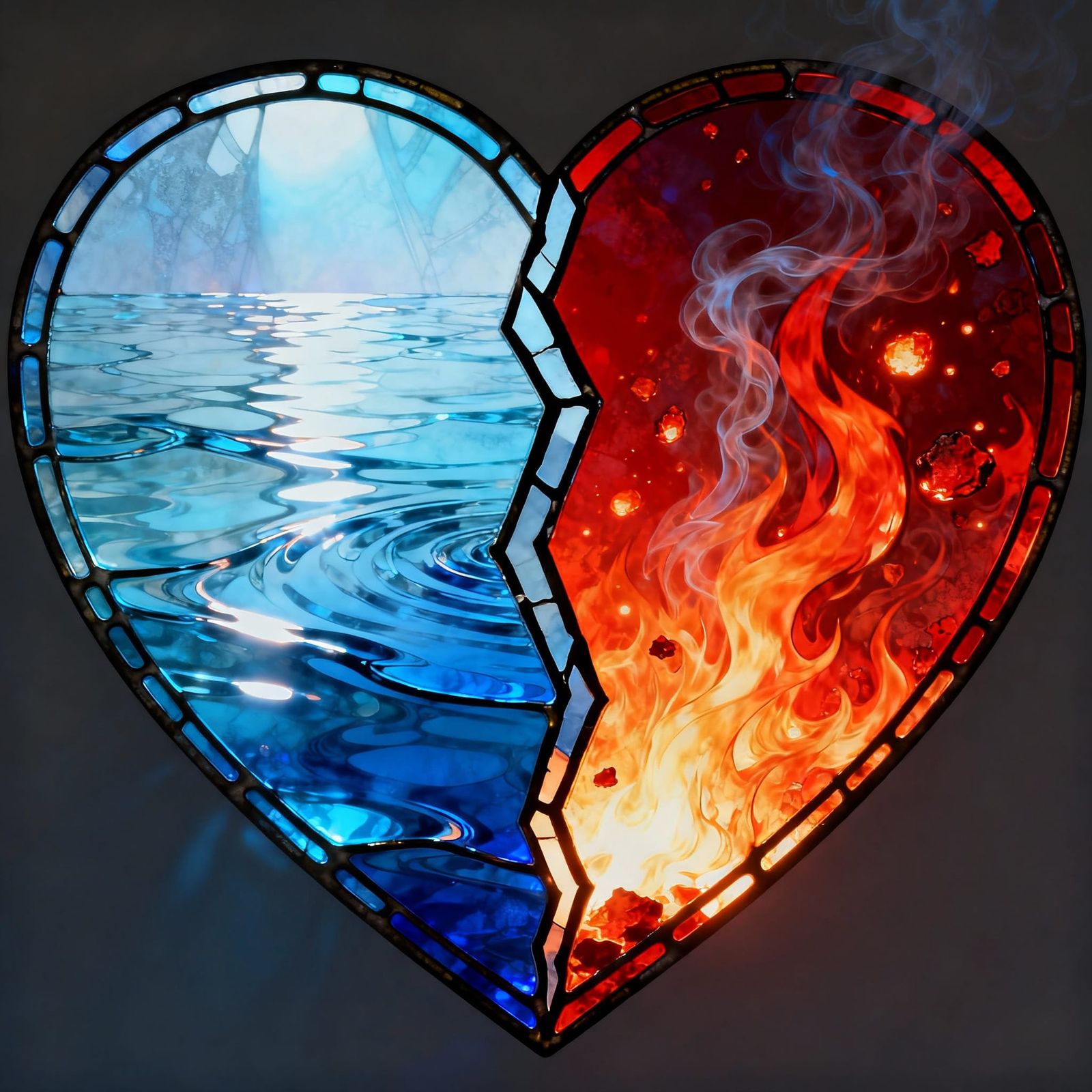 Fire and Water Heart Symbol in Graphic Art Style