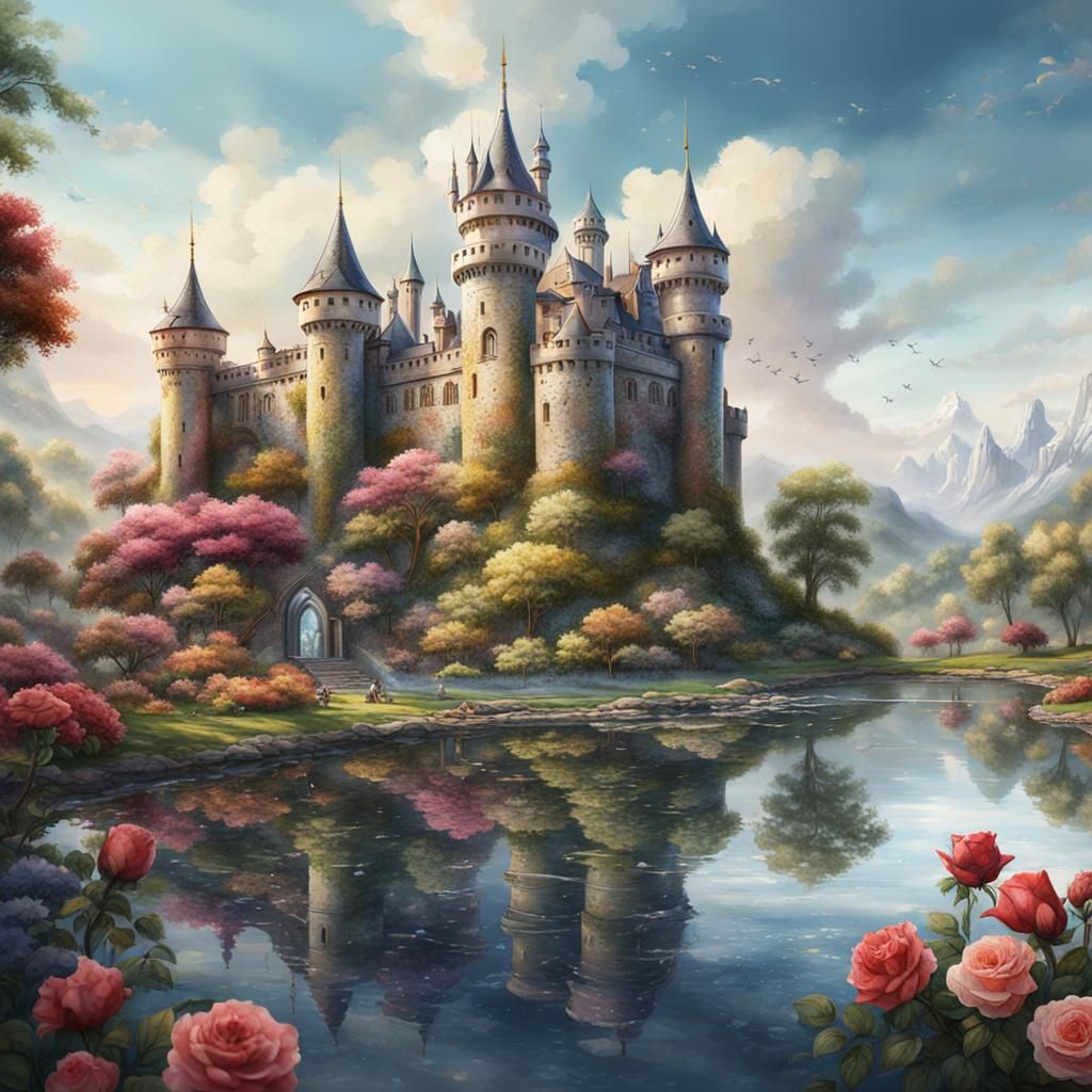 Watercolor Castle, Lake, and Rose Garden Painting