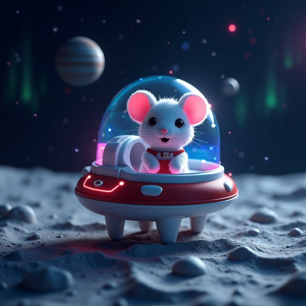 Hyper Realistic Holographic Chibi Mouse in Lunar Nighttime S...