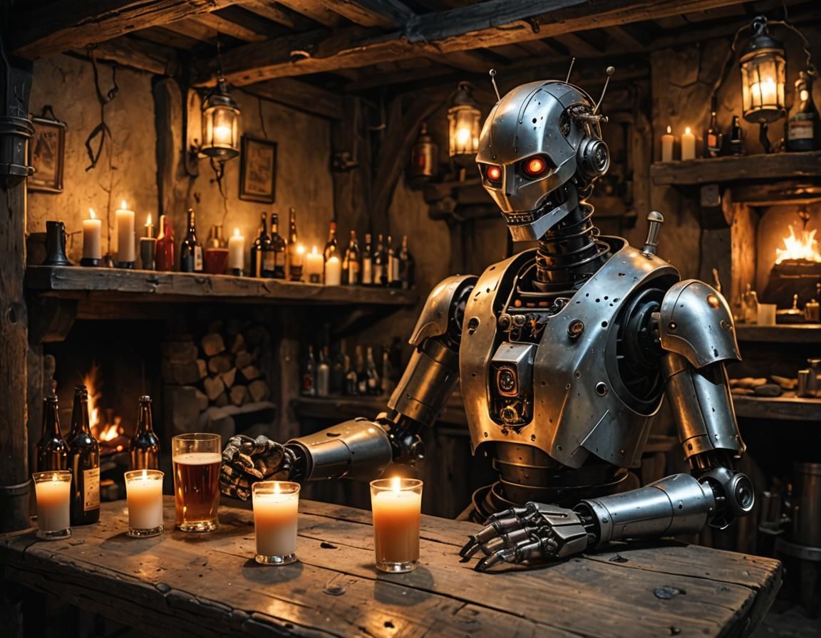 Robot Bartender in Medieval Tavern