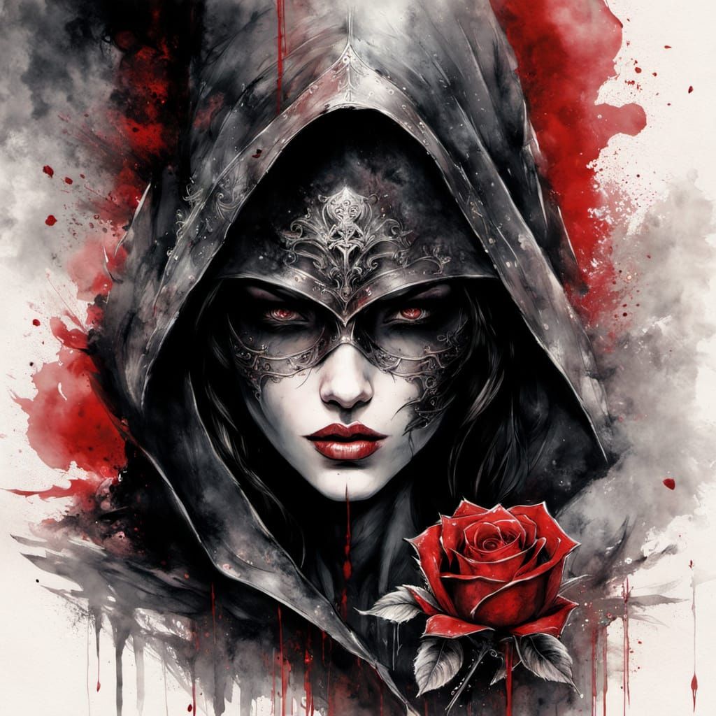 Mysterious Woman Smells Rose in Watercolor Style