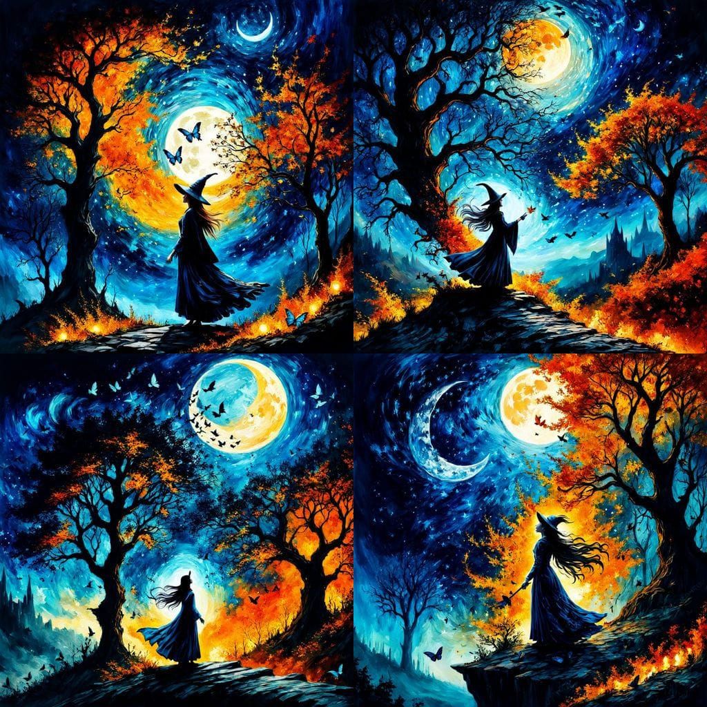 Sorceress Caught Between Fiery Realms in Impressionist Oil P...