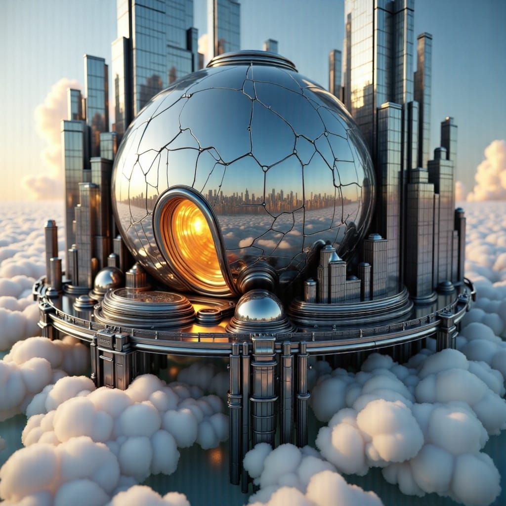 Surreal Futuristic Cityscape with Reflective Sphere