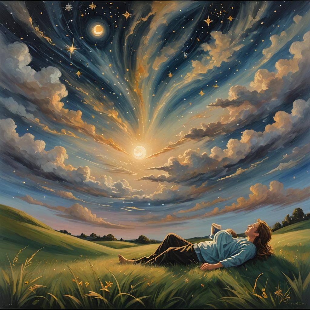 Ethereal Oil Painting of Stargazer in Cosmic Dreamscape