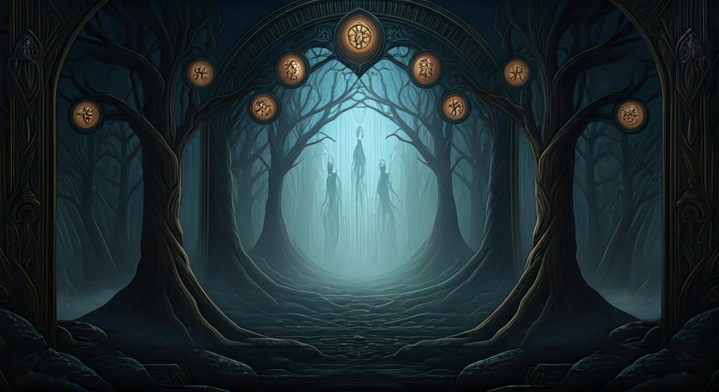 Eerie Forest with Ghosts in Art Deco Style