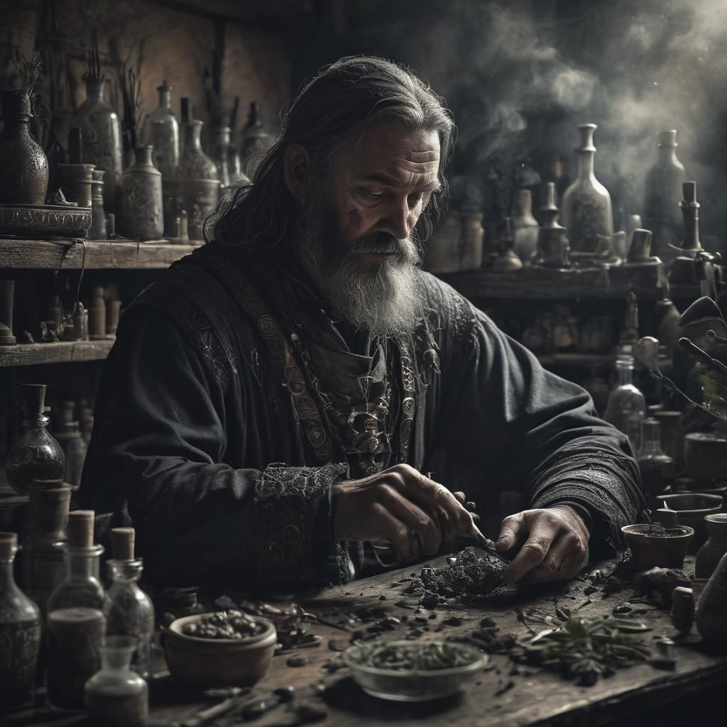 Ethereal Alchemist in Medieval Laboratory