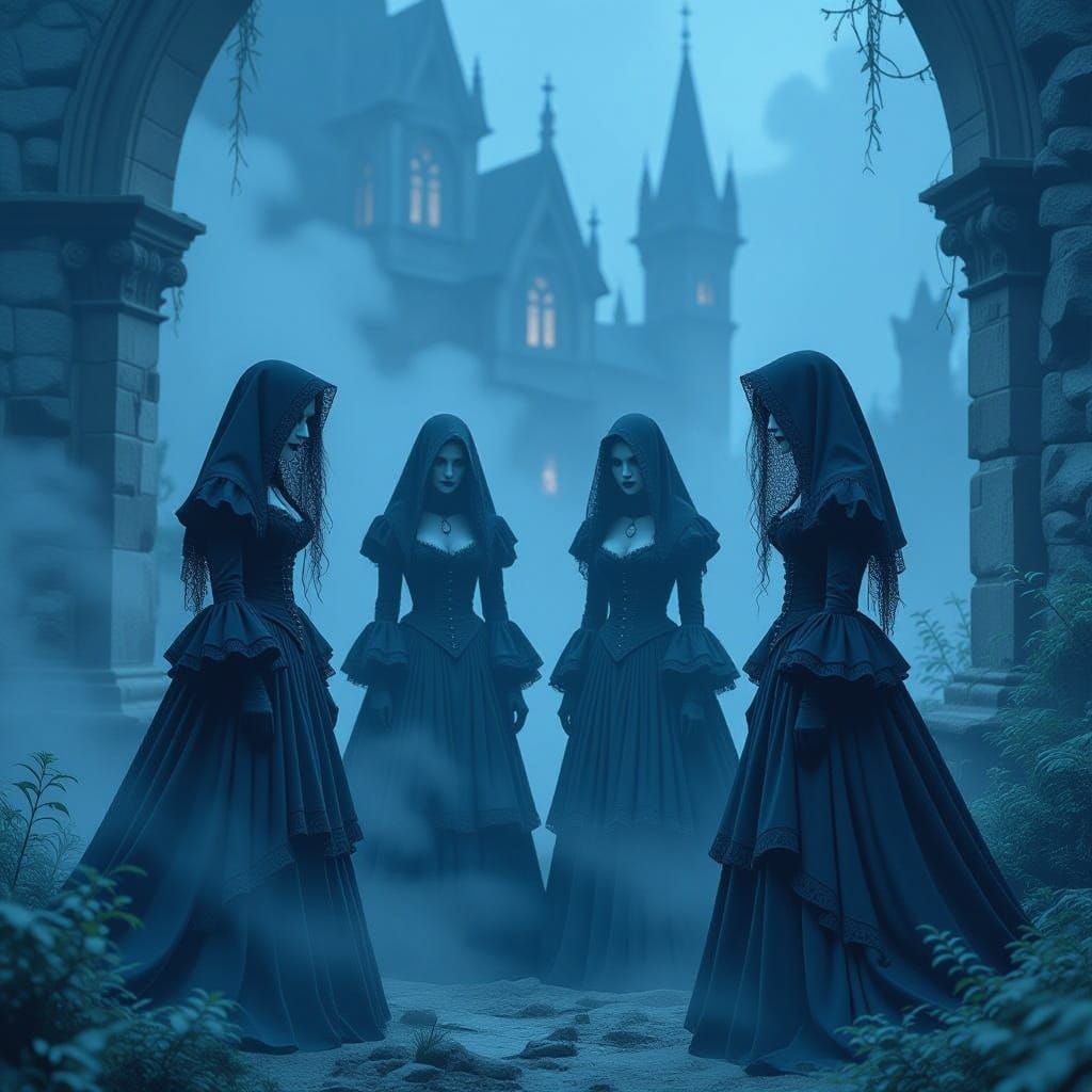 Four Gothic Female Ghouls in Heiliger Sand Misty Landscape