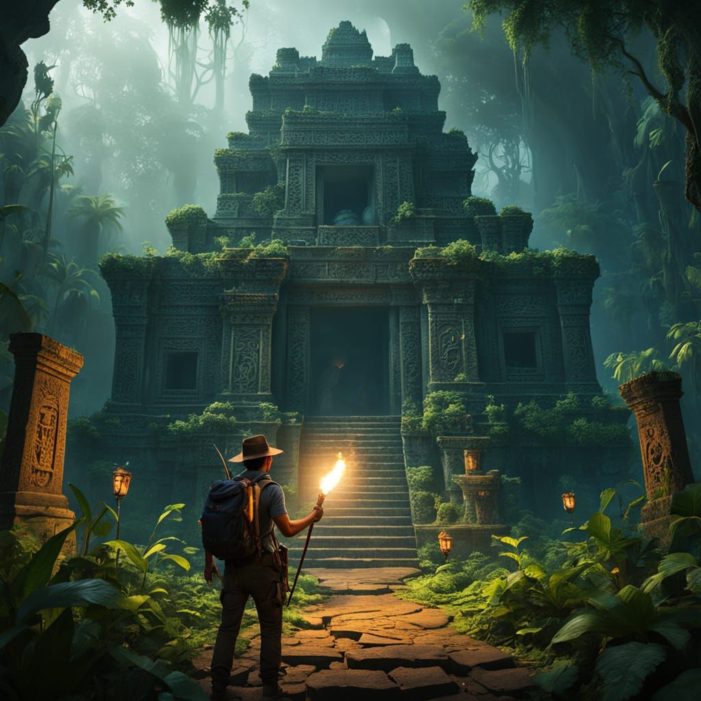 Brave Explorer at Ancient Jungle Temple Entrance
