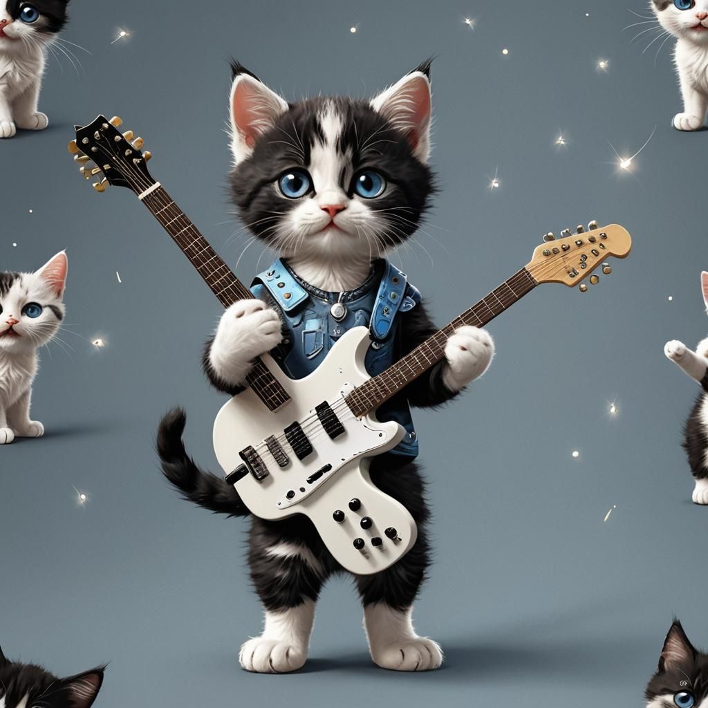 Hyperrealistic Kitten Guitarist Under Sakura Petals