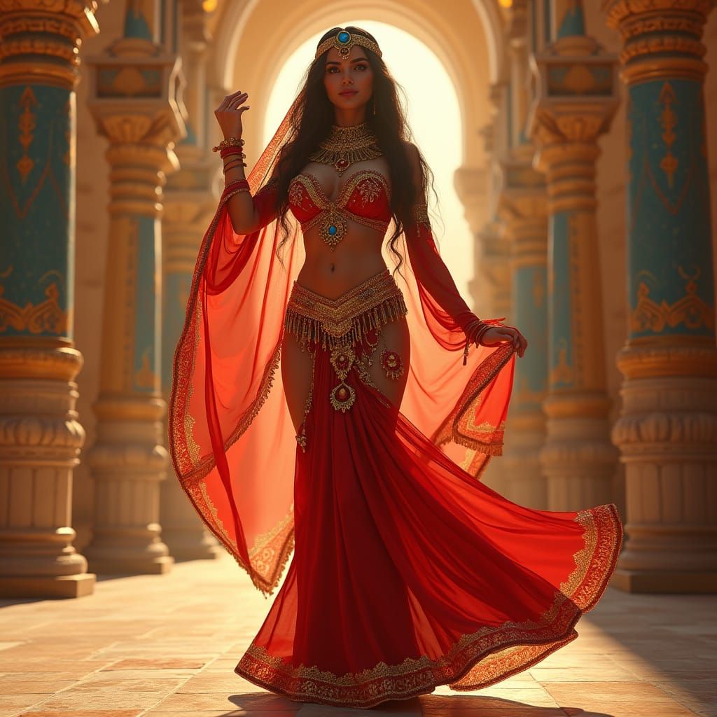 Arab Dancer in Red Egyptian Attire in Ancient Court