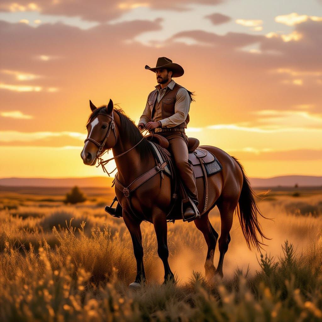 Cowboy on Horseback in Golden Light