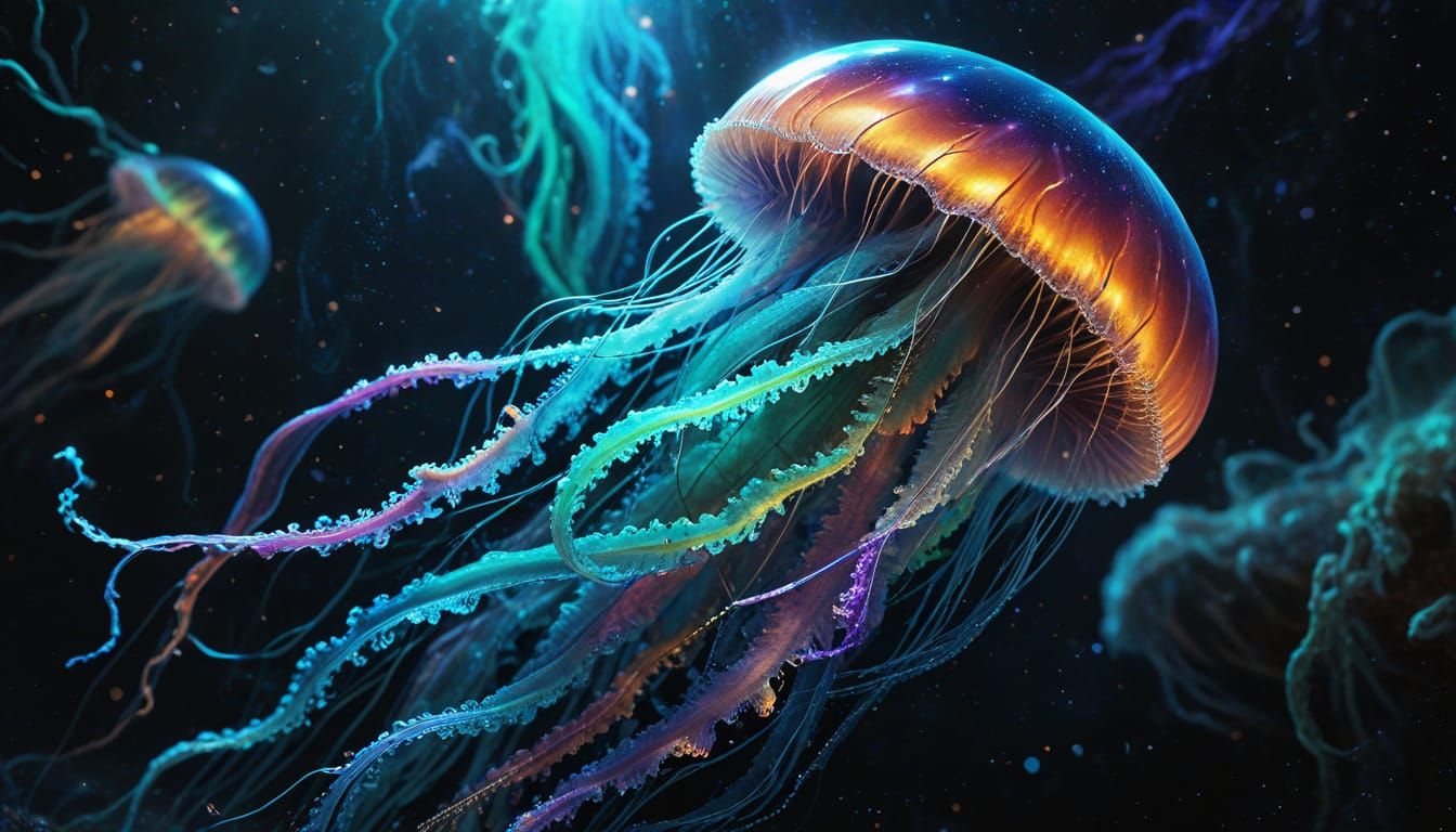 Bioluminescent Jellyfish Drifting Through Space: Splash Art